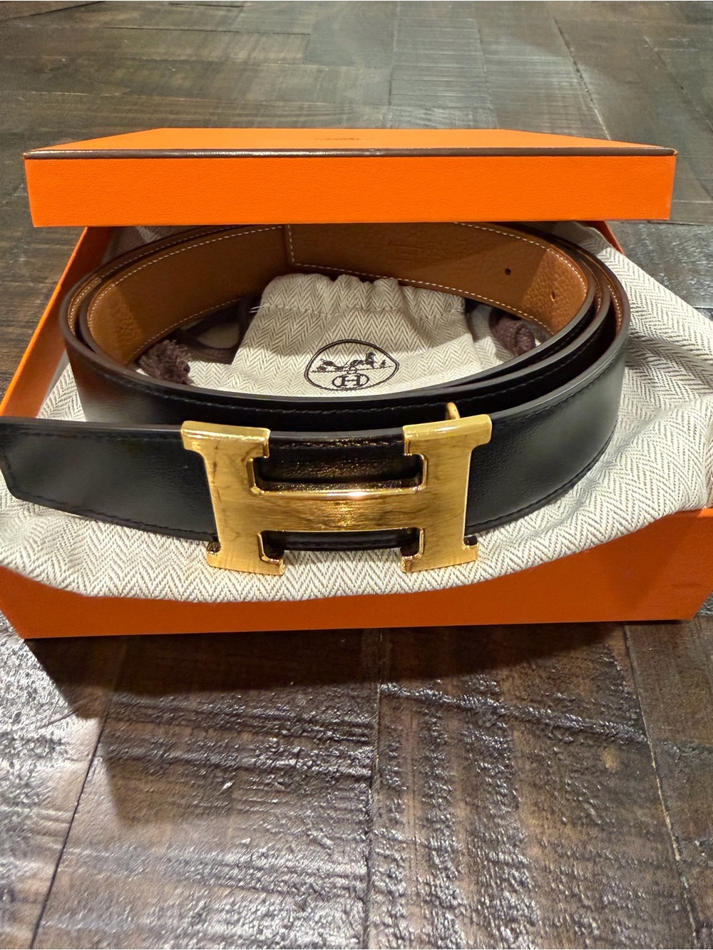 Hermes reversible black/brown Leather Belt with Gold H Buckle